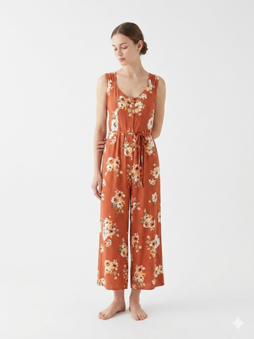 BOG Collective Jumpsuit Orange Floral Sleeveless Crop M